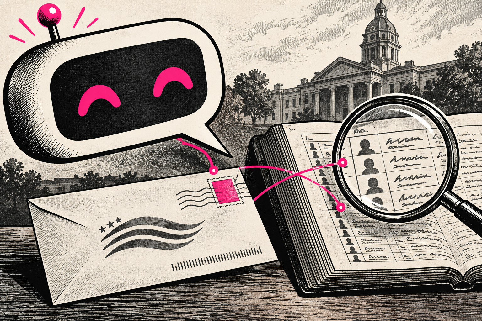 A chatbot speech bubble points toward a ballot envelope and a records book examined through a magnifying glass. Original AI-generated satire.