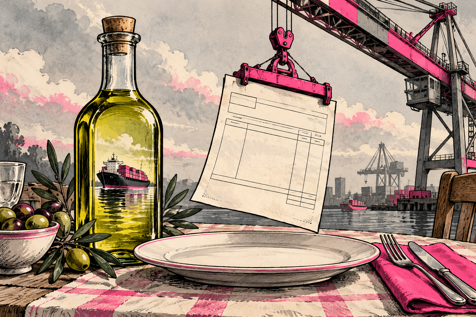 An olive-oil bottle and dinner plate beneath a harbor crane lowering a blank invoice.