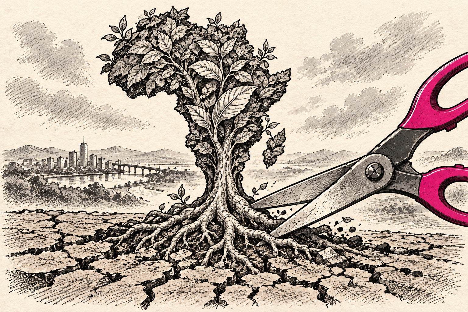 A tree shaped like Africa grows from cracked earth while giant pink-handled scissors threaten its roots.