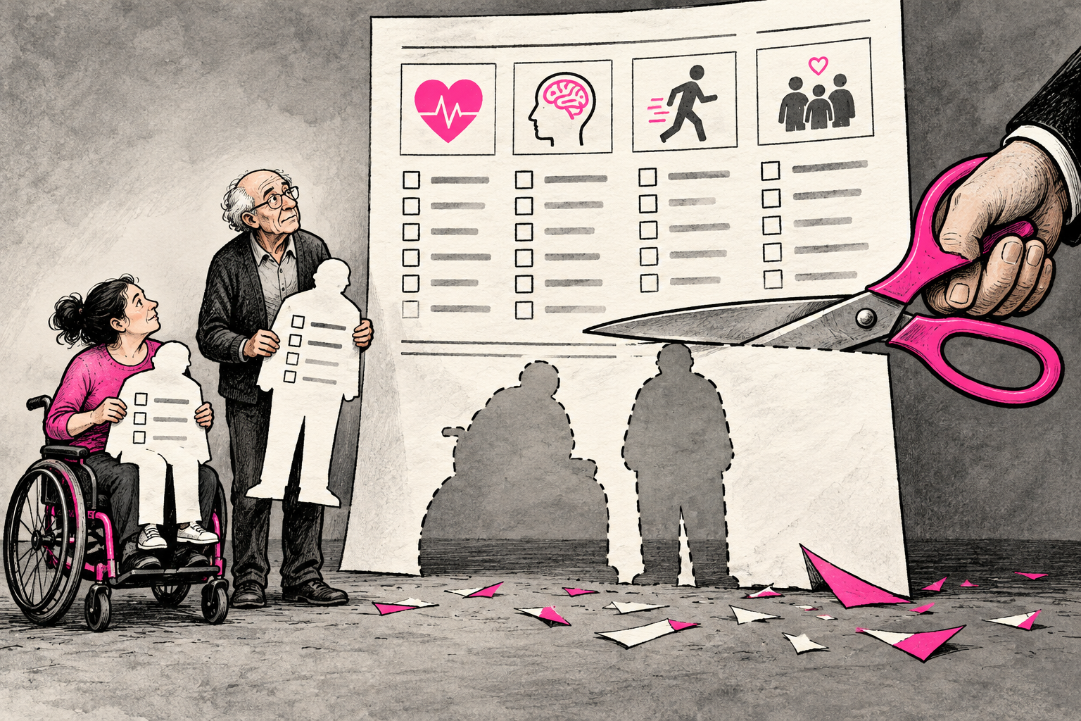 Disabled and older people hold paper silhouettes trimmed from a health questionnaire.