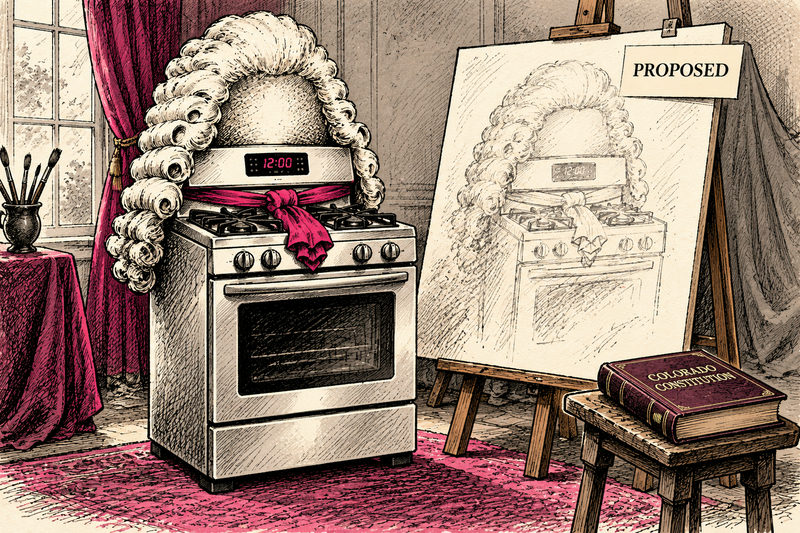 A gas stove in a powdered wig poses beside an unfinished portrait marked Proposed and a closed Colorado Constitution book in an imaginary studio.