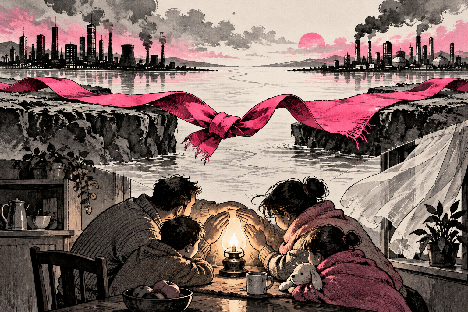 A family shelters a lamp beneath a fraying ribbon between industrial skylines. Original AI-generated satirical illustration, not documentary evidence.