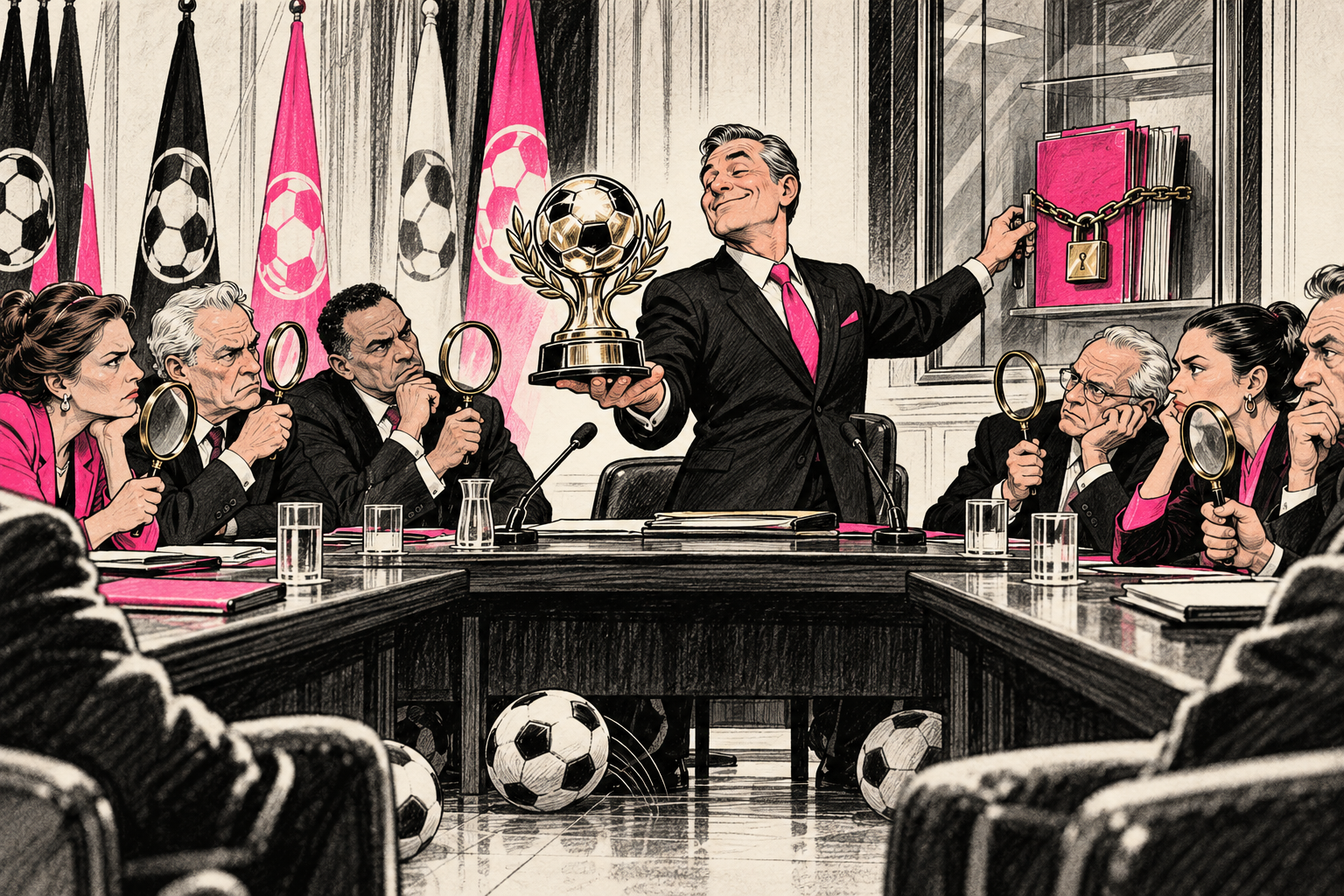 A soccer executive presents an apology trophy while locking a thick folder labeled with question marks inside a glass case.