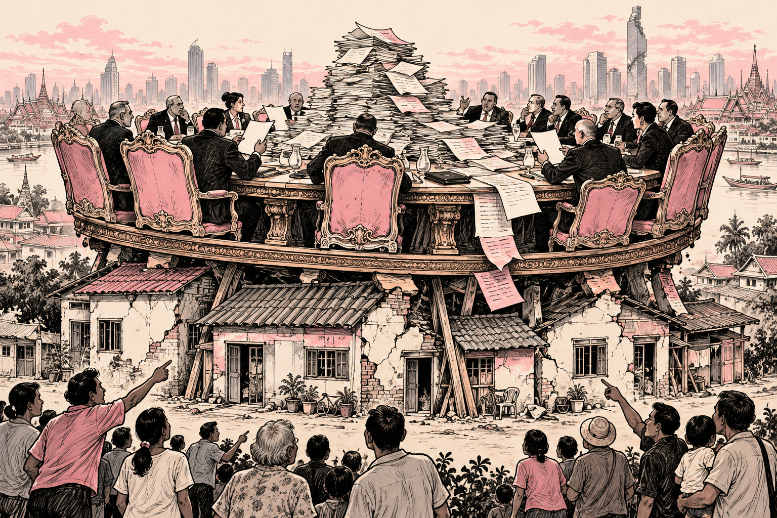 A vast international finance conference table rests on small homes while local citizens point to the strained foundations.