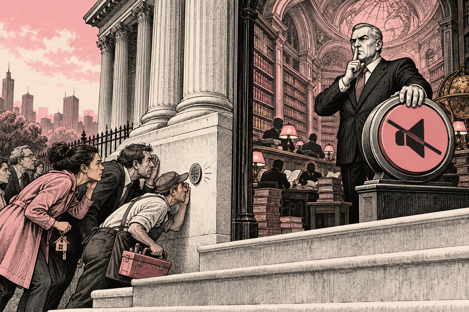 An anonymous banker hushes a central-bank building while ordinary borrowers strain to hear a tiny speaker.