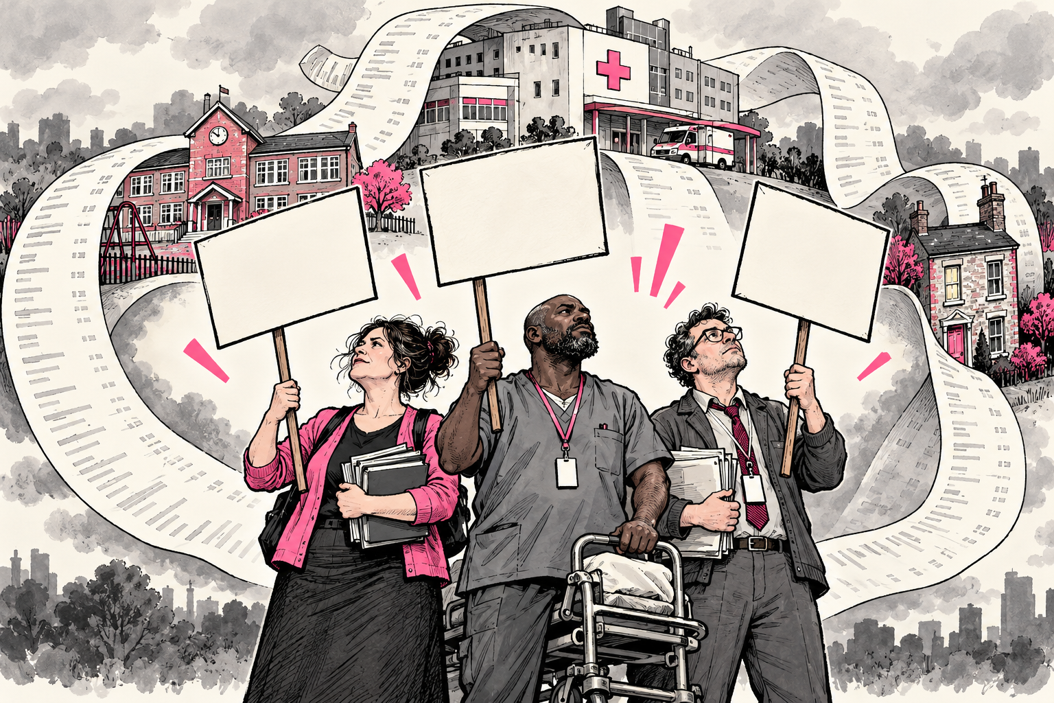 Three workers hold blank picket signs in front of a school, hospital and home wrapped in grocery receipts.