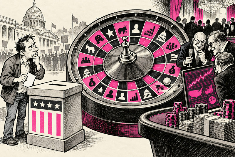 A satirical illustration of a ballot box surrounded by casino betting chips.