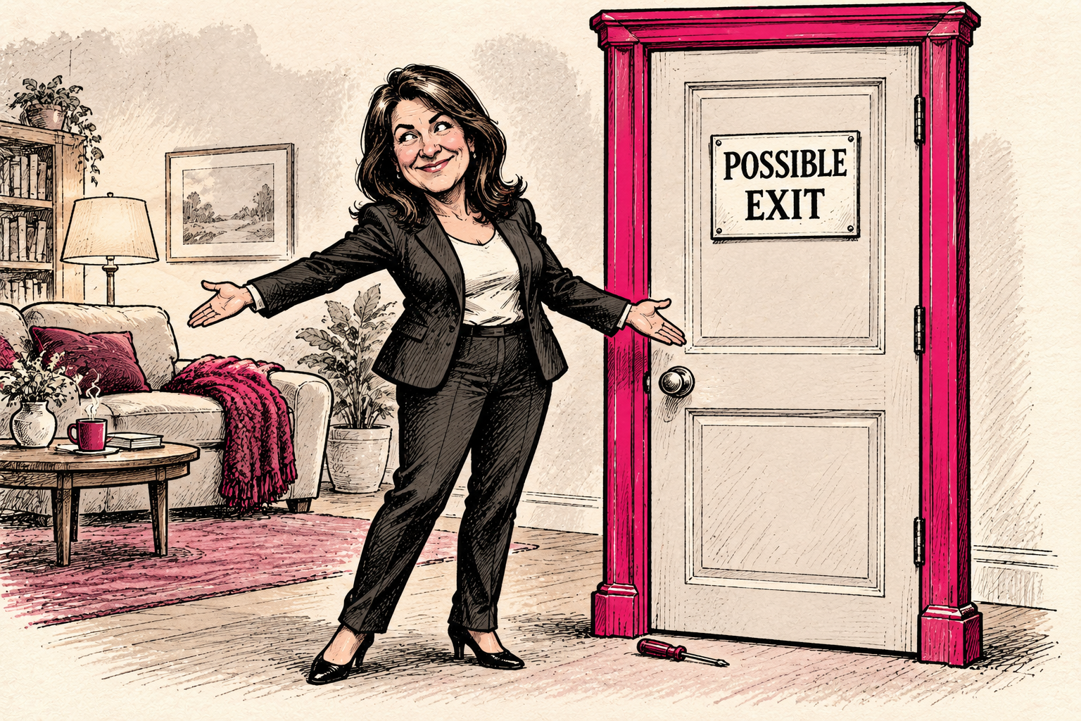 Danielle Smith gestures between a comfortable room and a closed door labeled Possible Exit, with a screwdriver below.