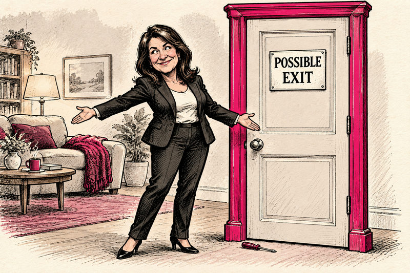 Danielle Smith gestures between a comfortable room and a closed door labeled Possible Exit, with a screwdriver below.