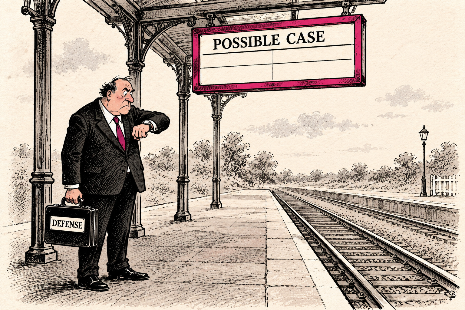 An anonymous lawyer checks his watch at an empty railway platform beneath a Possible Case board with no time entered.