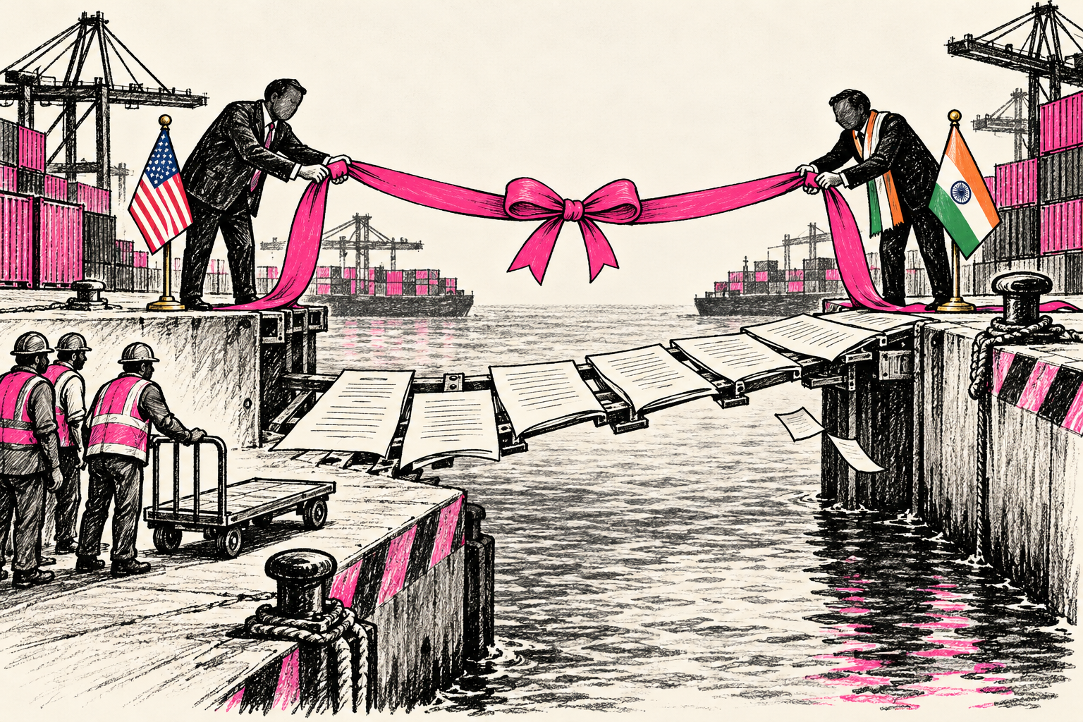 Trade negotiators stretch a ceremonial ribbon across a half-built bridge of contract pages while shipping workers wait.