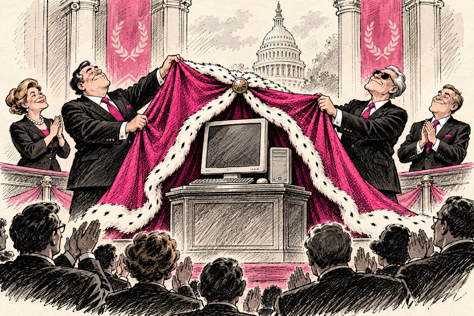 Smug officials unveil an ordinary computer beneath an extravagant pink royal cape.