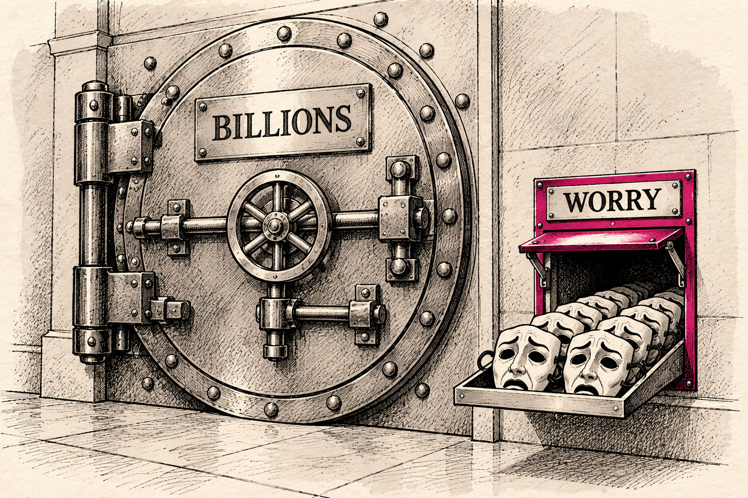 A locked vault labeled Billions stands beside an open pink-trimmed hatch dispensing worried theatrical masks.