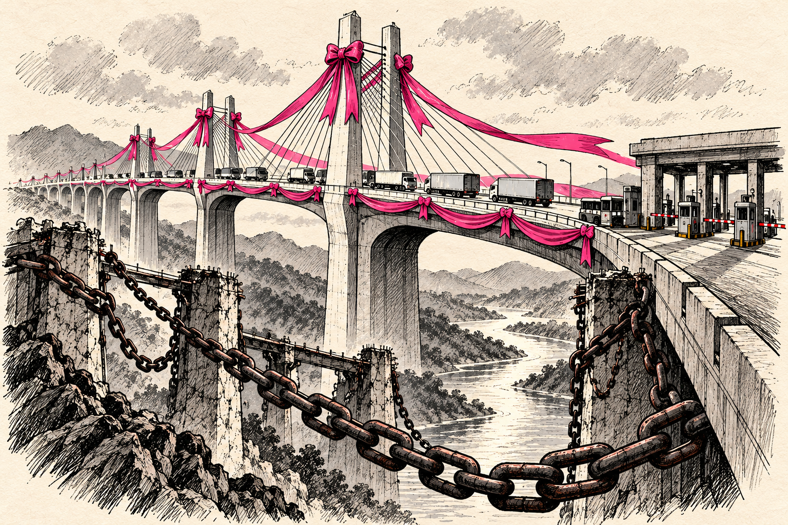 Trucks cross a ribbon-decorated border bridge while heavy chains hang beneath it as a symbol of sanctions.