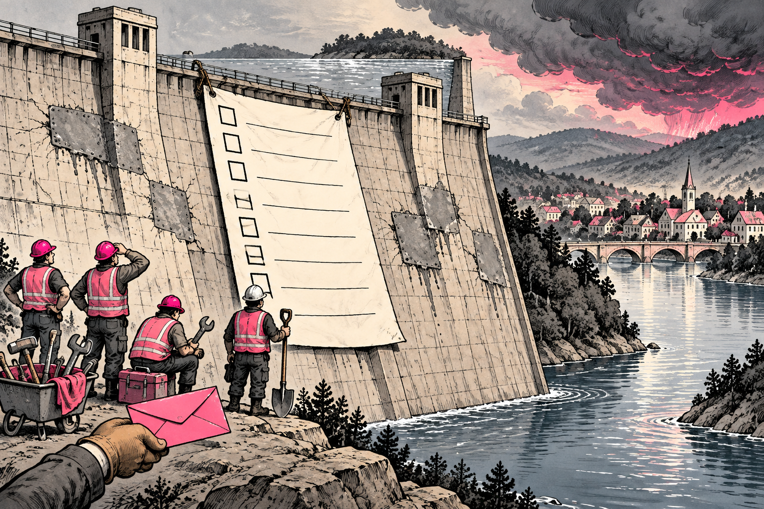 Workers wait beside a patched dam, oversized checklist and small funding envelope.