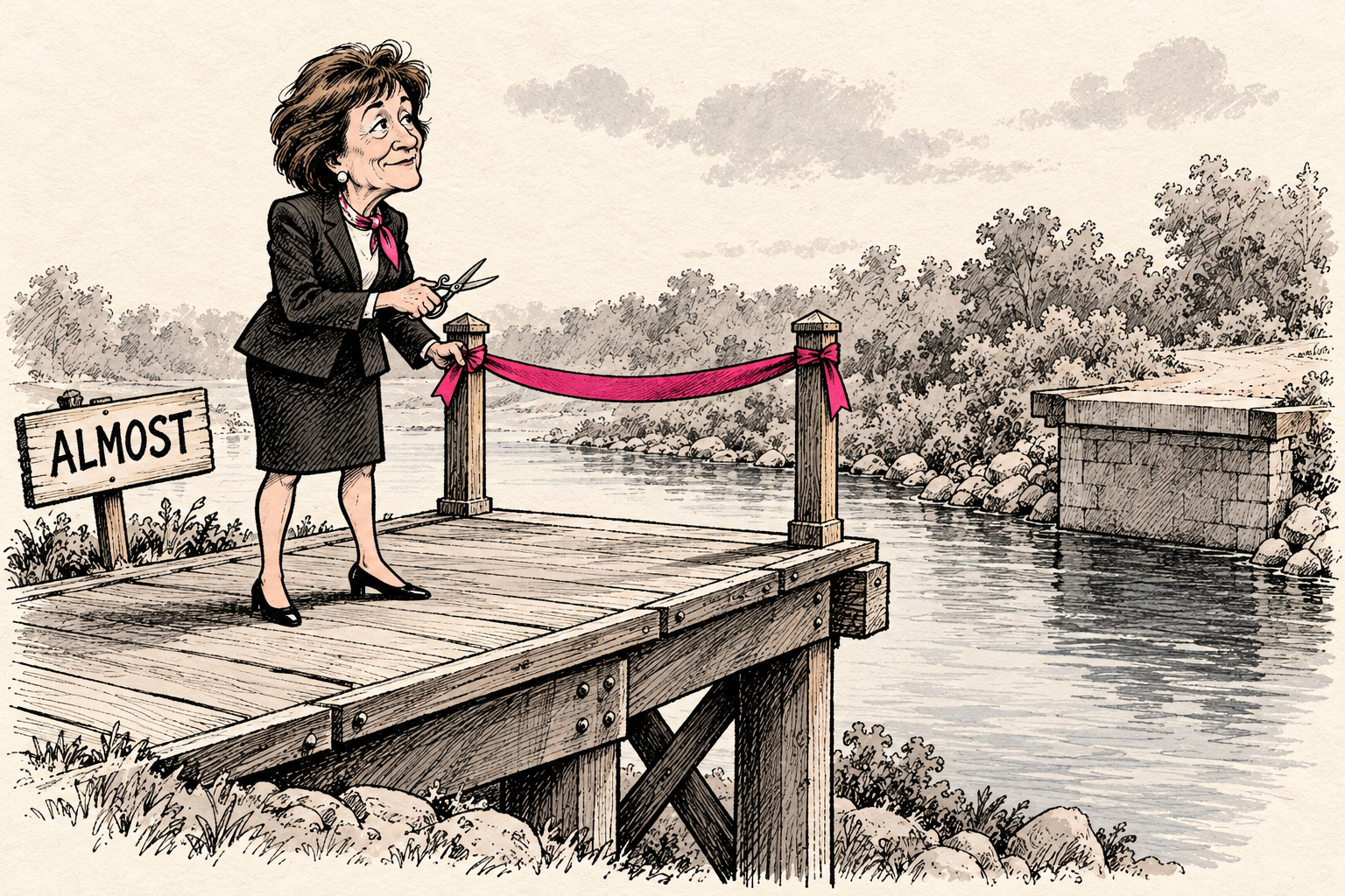 Susan Collins holds ceremonial scissors beside a pink ribbon on a bridge that stops halfway across a river. A sign reads ALMOST.