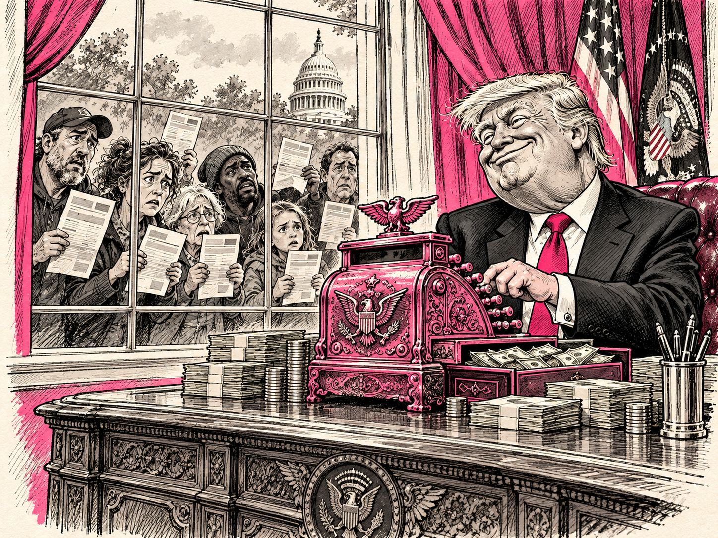 Trump operates a pink cash register at a presidential desk while worried citizens hold bills outside the window.
