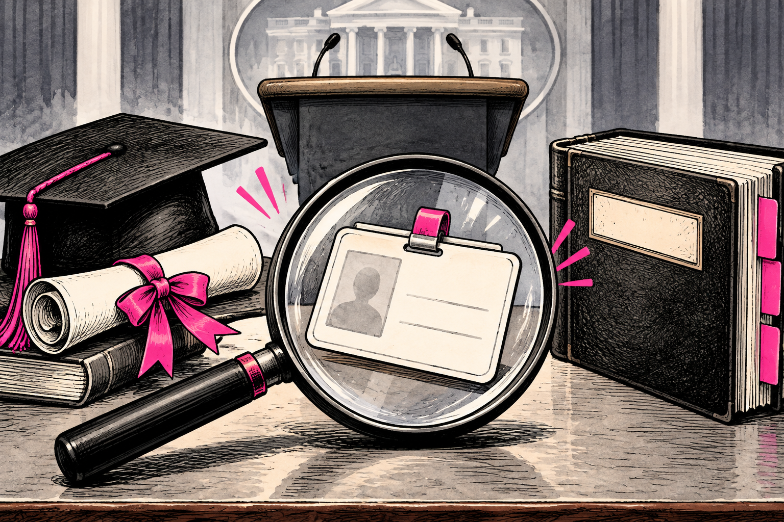A magnifying glass examines a professional identity card between a diploma and a registry book at a symbolic briefing podium. Original AI-generated satire.