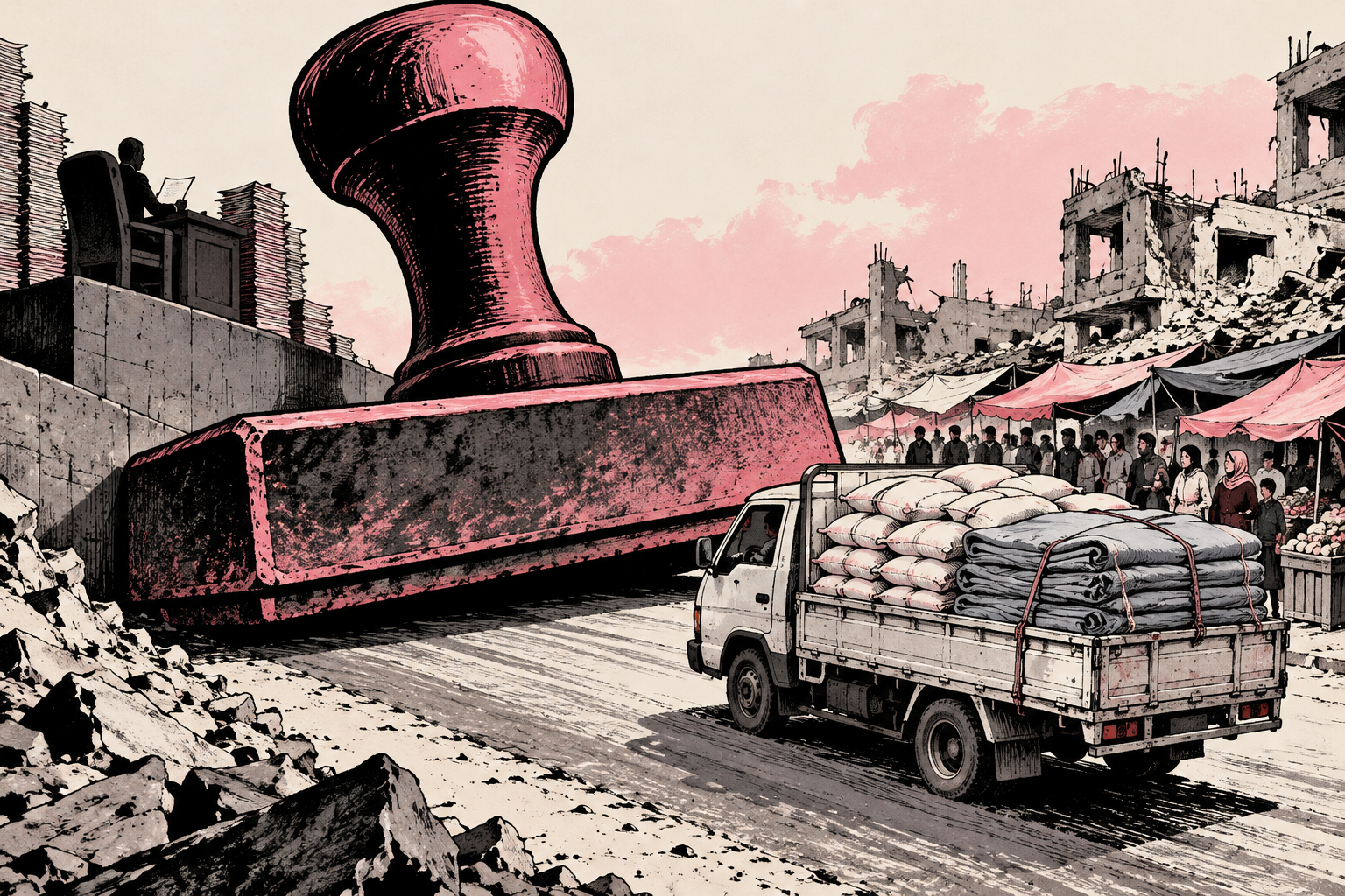 An oversized bureaucratic rubber stamp blocks a truck carrying food and shelter materials toward a damaged market.
