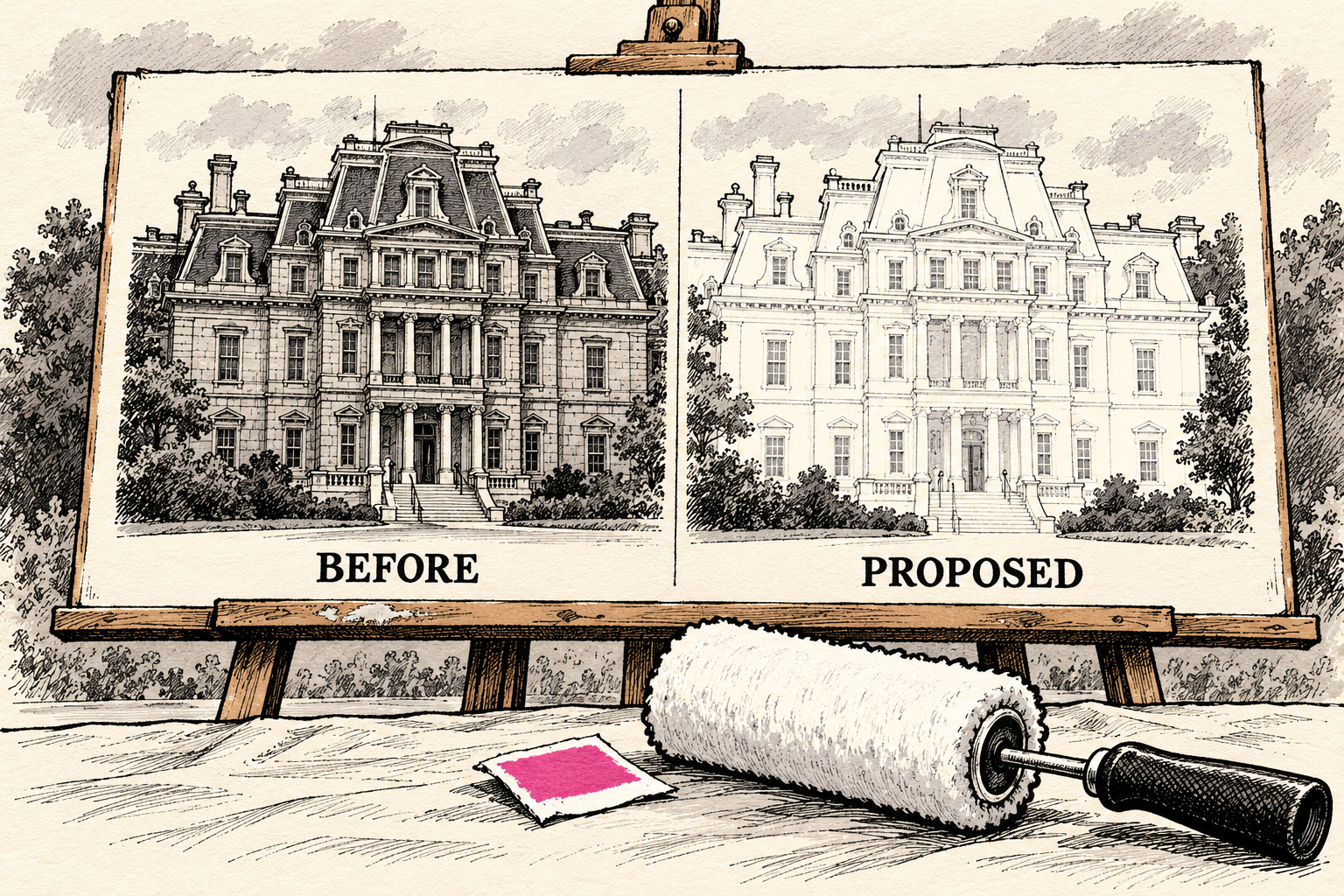 An easel compares a richly shaded historic building with a pale proposed repainting, above an unused roller and small pink swatch.