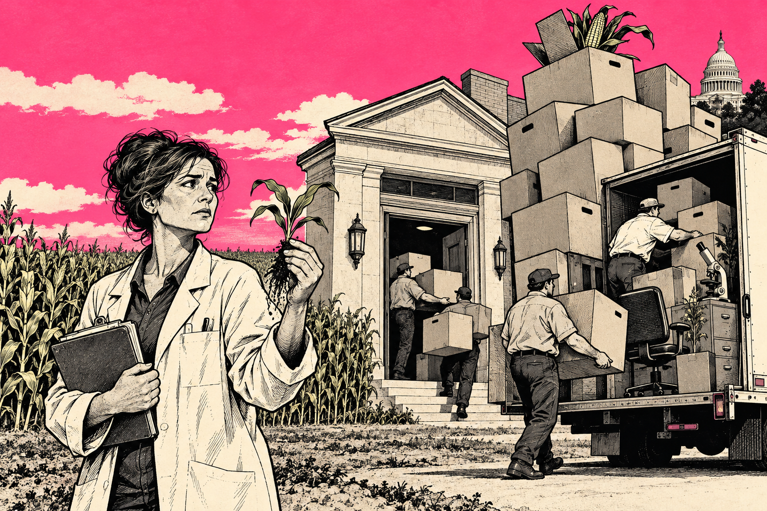 A scientist holds a plant sample while agricultural office equipment is loaded into moving boxes. Original AI-generated satire.