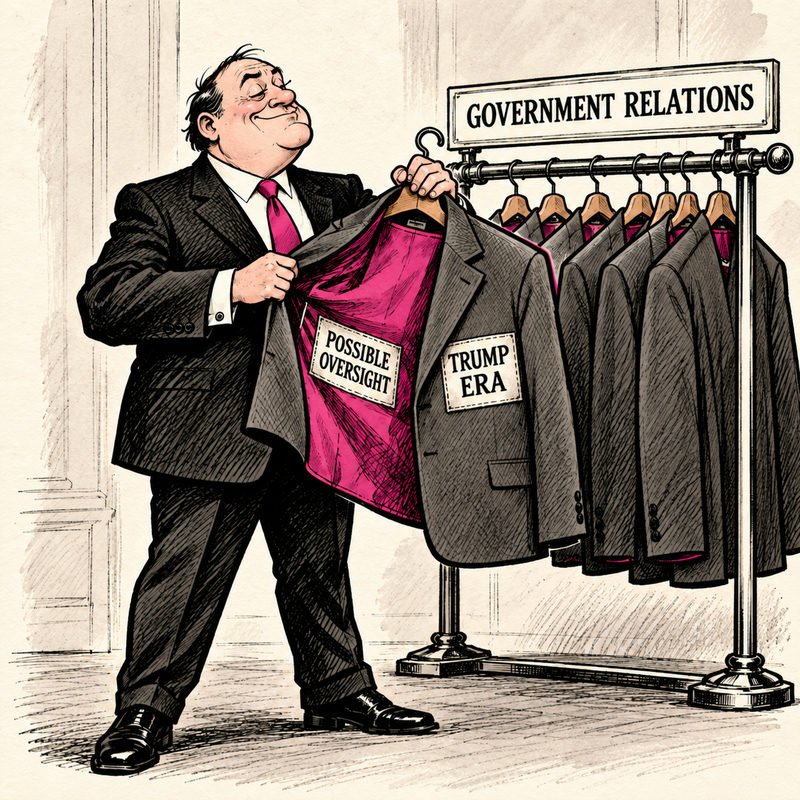 An executive displays a reversible jacket labelled Trump Era outside and Possible Oversight inside beneath a Government Relations sign.
