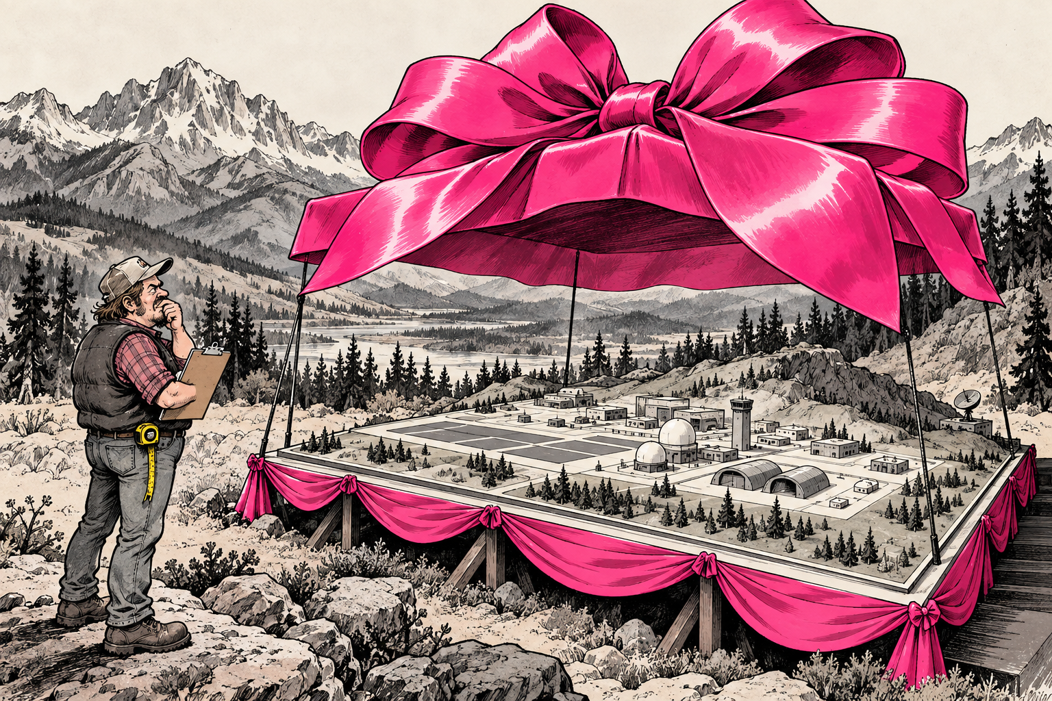 An oversized campaign ribbon hangs above a model military test range while a resident checks a clipboard. Original AI-generated satire.