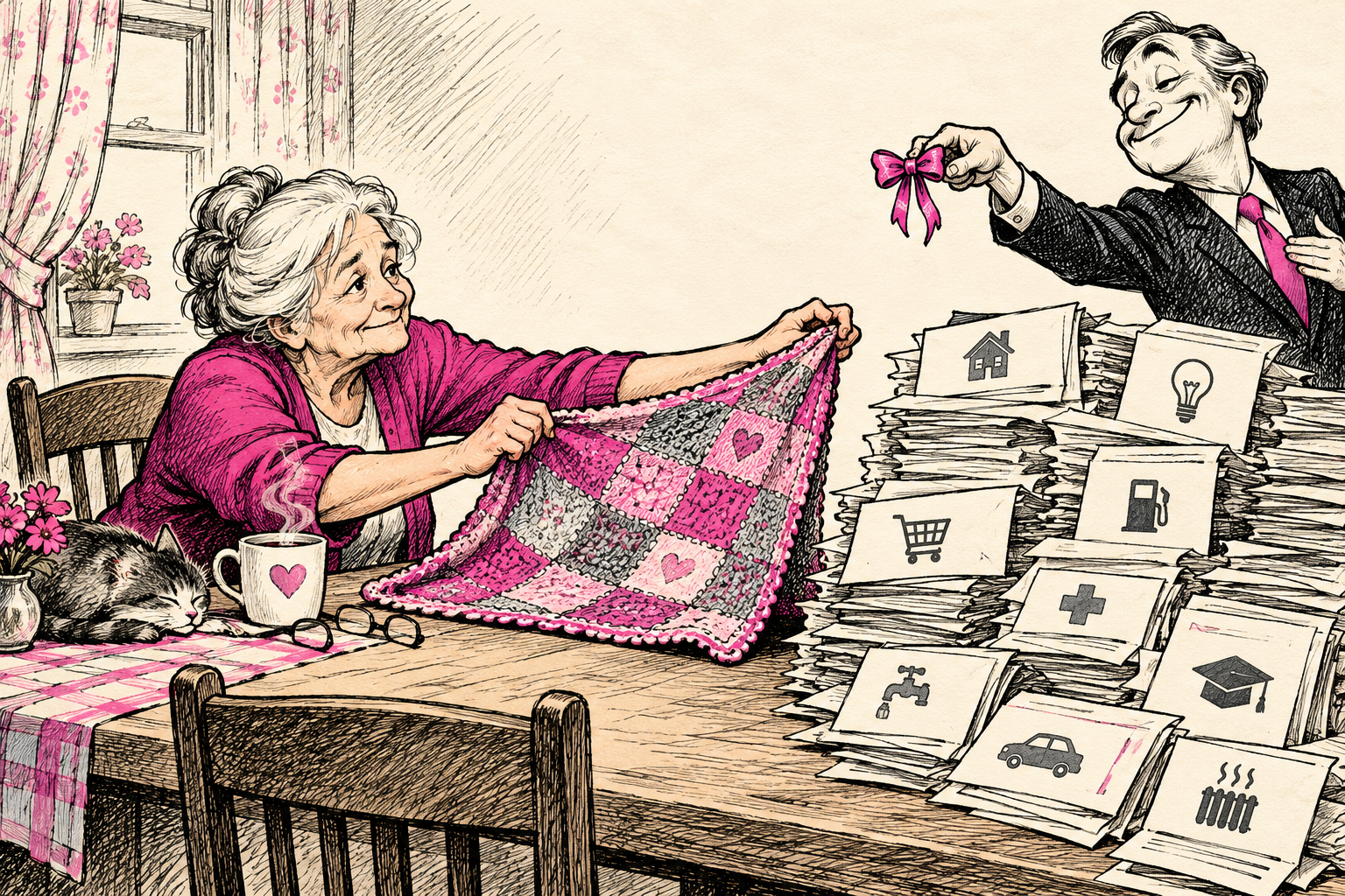 A satirical illustration of a pensioner budgeting beneath an oversized cost-of-living umbrella.