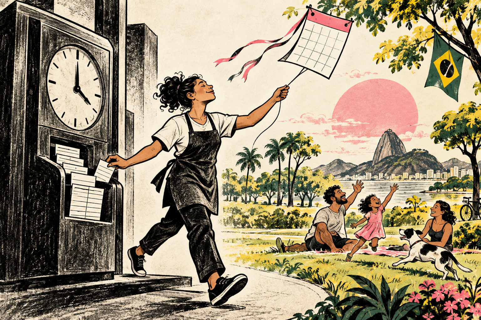 A retail worker leaves a giant time clock for a sunny park, carrying a freed calendar day as a kite beside Brazilian colors.