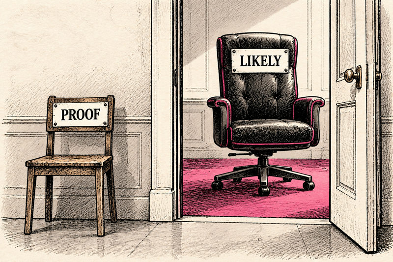 A plush executive chair labeled Likely sits inside an office while a small wooden chair labeled Proof waits outside the open door.