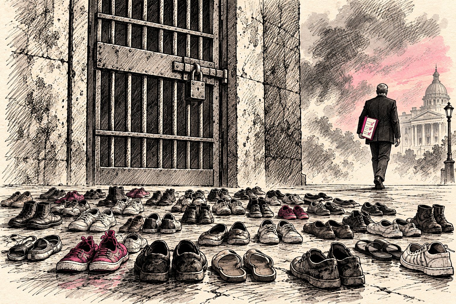 Empty shoes stand before a locked institutional door while an anonymous official walks away carrying a completed checklist.